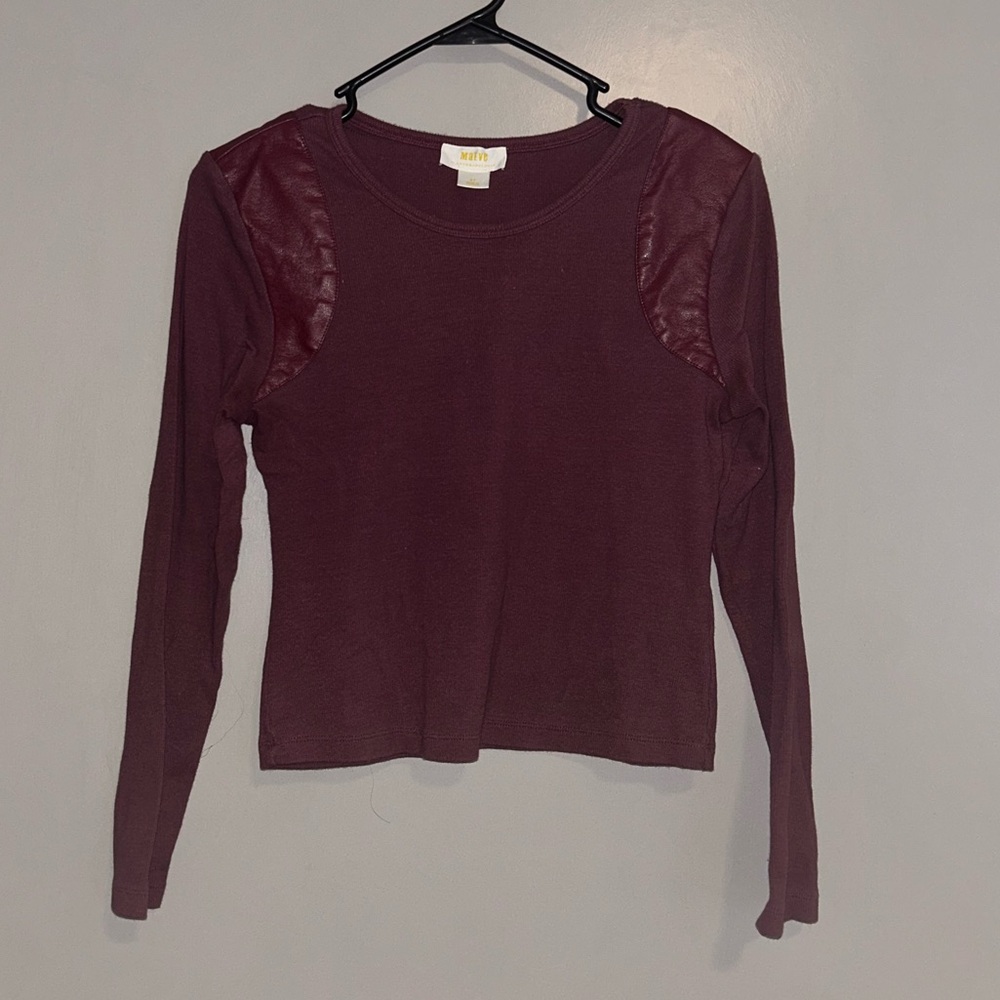 Maroon Wine red Women's Long Sleeve Black Top With Faux Leather Accents